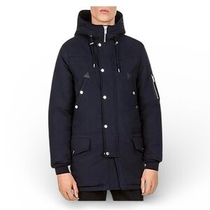 The Kooples Mixed Fabric Parka Jacket Navy Men’s Small NWT $685 Faux Fur Hood